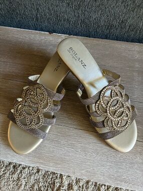Solanz Gold Beaded Slide Sandals - Elegant Metallic Women's Shoes